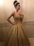Straps Sweetheart Ball Gown Gold Sequins Prom Dress LBQ3699
